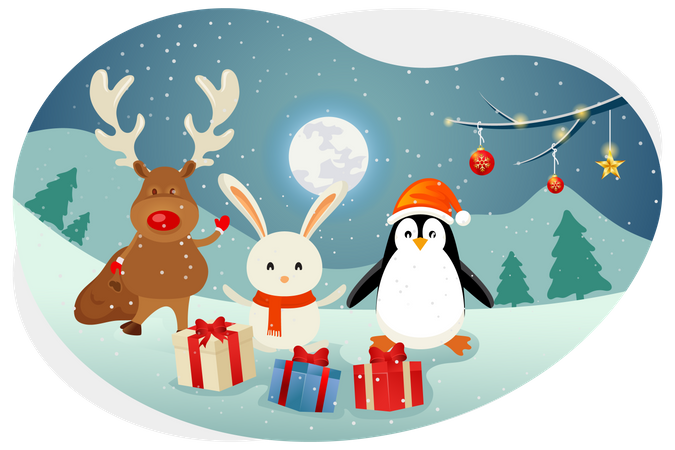 Christmas bunny with reindeer and penguin  イラスト