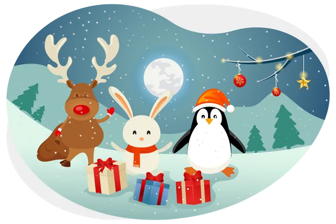 Christmas bunny with reindeer and penguin  イラスト