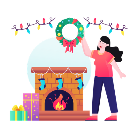 Christmas fireplace decorated with stockings  イラスト