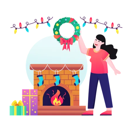 Christmas fireplace decorated with stockings  イラスト