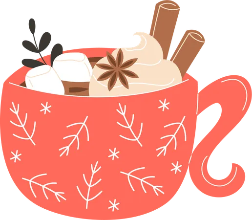 Christmas hot chocolate in a mug with marshmallows  Illustration