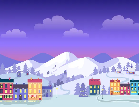 Christmas Town with Decorated Houses and Hills  イラスト