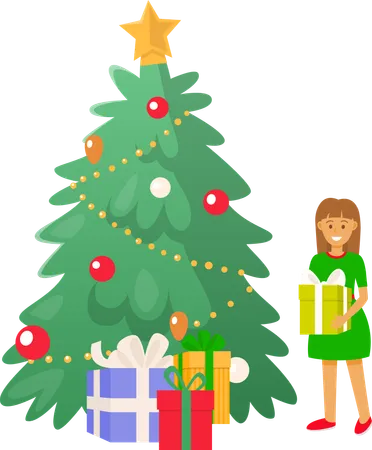 Christmas Tree and Kid Girl Holding Present Gift  イラスト