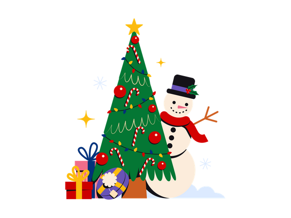 Christmas tree with snowman  イラスト