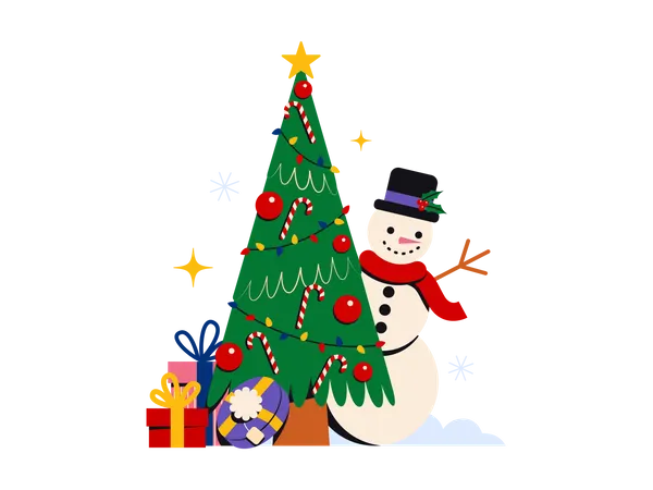 Christmas tree with snowman  イラスト