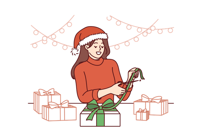 Christmas woman makes gifts with her own hands  일러스트레이션