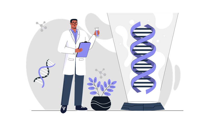 Científico masculino haciendo investigación de ADN  Ilustración