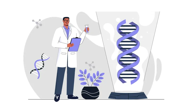 Científico masculino haciendo investigación de ADN  Ilustración