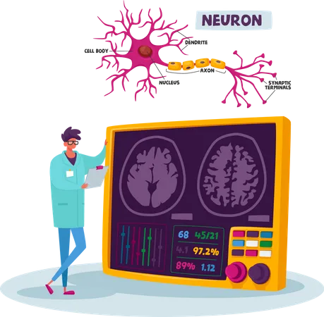 Mirada masculina científica sobre el cerebro humano con esquema de neuronas en laboratorio  Ilustración