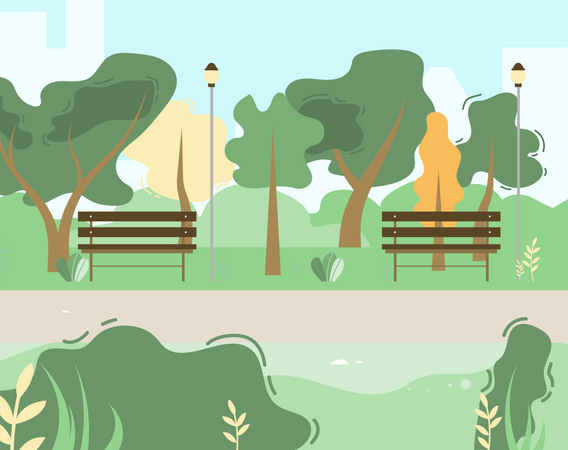 City Park Scene with Green Trees, Benches  イラスト