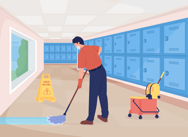 Cleaning school passageway  Illustration