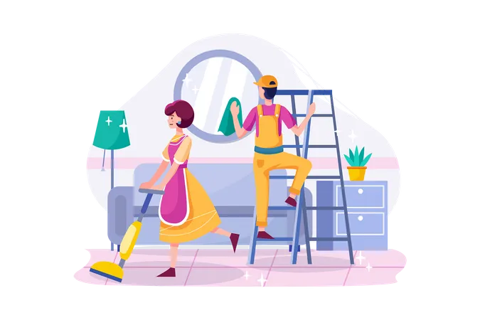 Cleaning team with professional tools tidying up living room .  Illustration