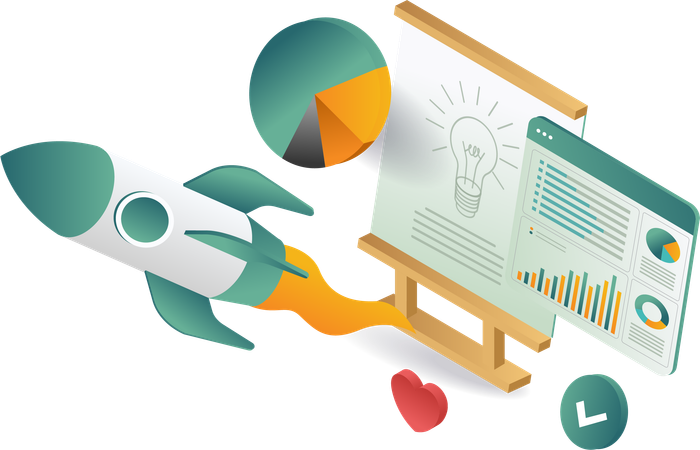 Cohete volando sobre la borda mostrando diagrama y gráfico  Ilustración