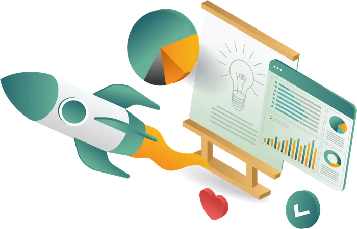 Cohete volando sobre la borda mostrando diagrama y gráfico  Ilustración