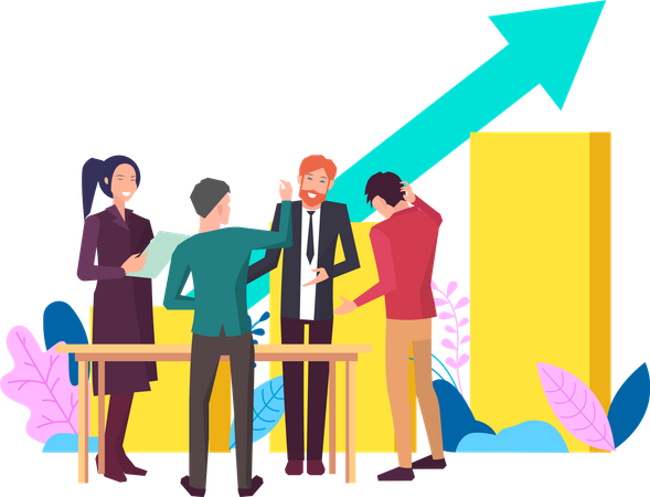 Colleagues analyze report with statistical indicators  Illustration