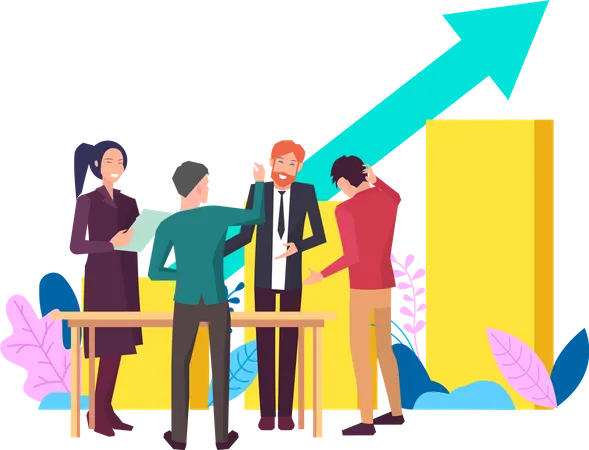 Colleagues analyze report with statistical indicators  Illustration