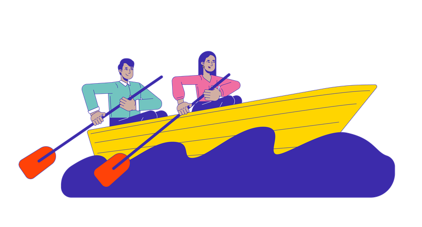 Colleagues rowing boat across rough sea  Illustration