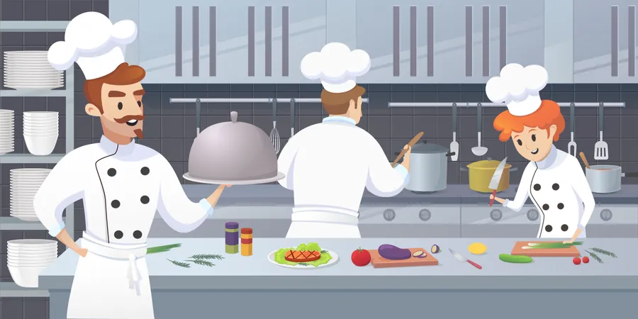 Commercial Kitchen with Cartoon Characters Chef Cook Dish Dinner  Illustration