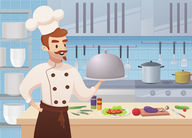 Commercial Kitchen with Cartoon Characters Chef Cook Dish Dinner  Illustration