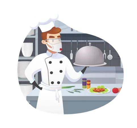 Commercial Kitchen with Cartoon Characters Chef Cook Dish Dinner  Illustration