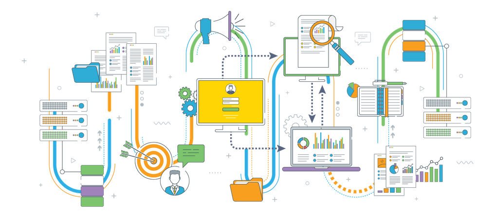 Computador com acesso seguro a arquivos na rede, transferência de arquivos em nuvem, conceitos de computação em nuvem, rede de dados, big data e inteligência de negócios, ilustração vetorial plana de linha fina  Ilustração