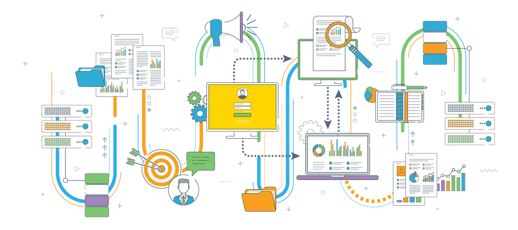 Computador com acesso seguro a arquivos na rede, transferência de arquivos em nuvem, conceitos de computação em nuvem, rede de dados, big data e inteligência de negócios, ilustração vetorial plana de linha fina  Ilustração