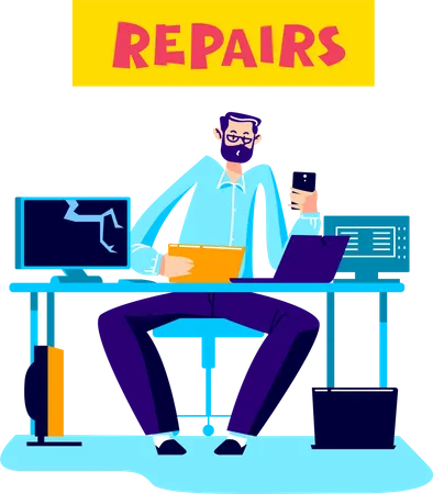 Computer repairing service worker fixing devices  Illustration