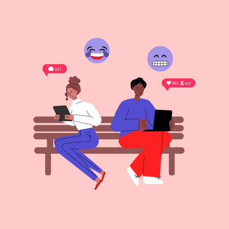 Concept de communication sur les réseaux sociaux avec diverses personnes, personnages de dessins animés, messagerie via des gadgets mobiles  Illustration