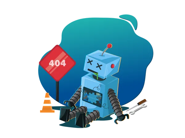 Concepto de error 404 y robot no funciona.  Ilustración