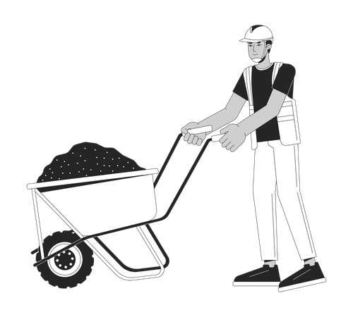 Construction worker transporting concrete on wheelbarrow  Illustration