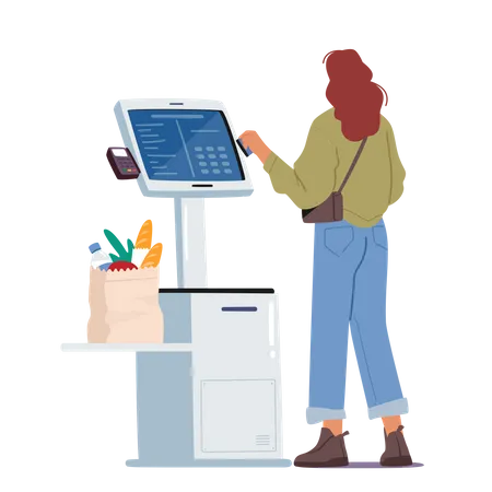 Contactless Payment, Contemporary Technologies. Female Character in Supermarket Stand at Checkout Self Service with Pos  Illustration