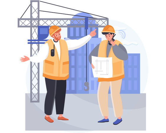 Contractor discussing on plan with worker  Illustration