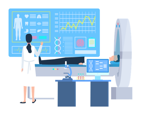 Professionnel de la santé vérifiant les paramètres médicaux pendant l'IRM du patient  Illustration