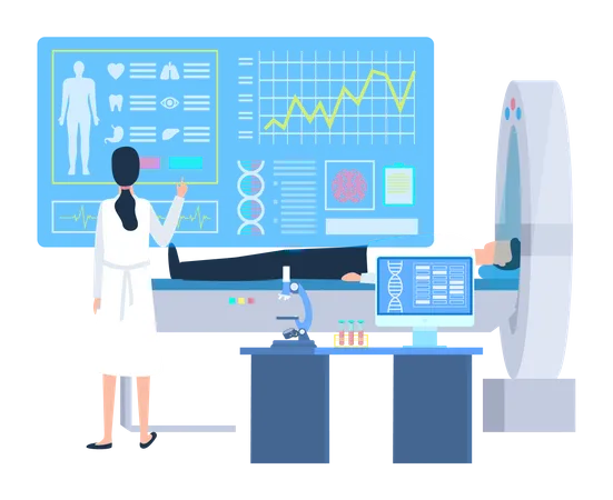 Professionnel de la santé vérifiant les paramètres médicaux pendant l'IRM du patient  Illustration