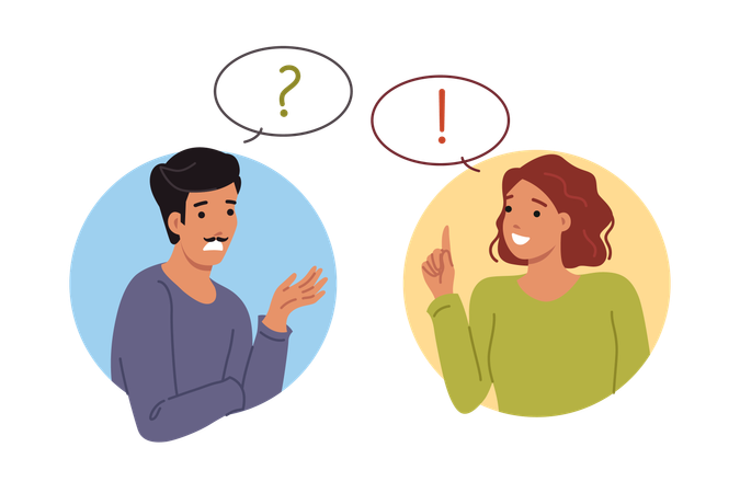 Conversation man and woman discussing important question together to find correct answer  Illustration