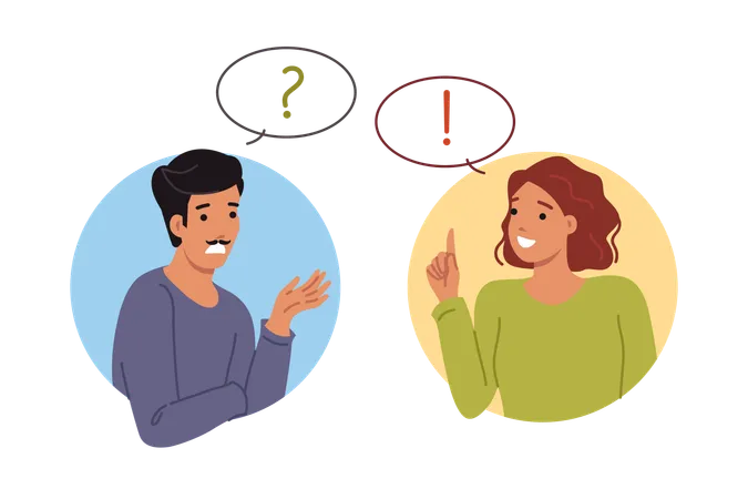 Conversation man and woman discussing important question together to find correct answer  Illustration