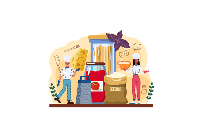 Cook cooking Homemade italian food with cheese  Ilustración