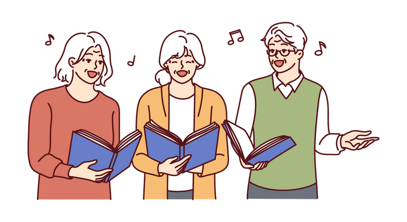 Coro hombres y mujeres mayores con libros en las manos cantando canciones juntos y disfrutando de la vejez  Ilustración