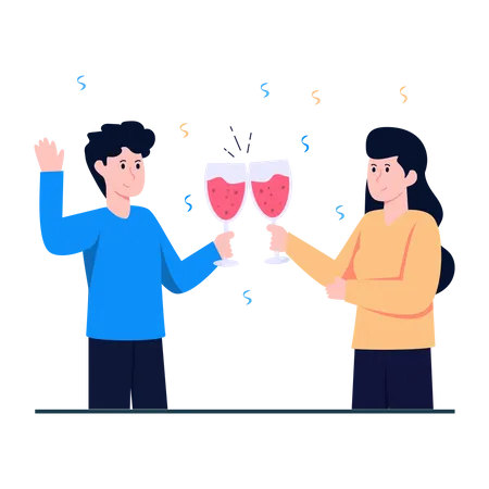 Couple, applaudir, verres alcool  Illustration