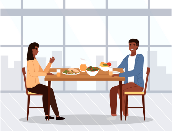 Couple africain, manger de la nourriture au restaurant  Illustration