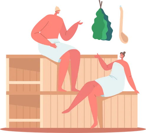 Couple assis à l'intérieur du sauna et parlant  Illustration