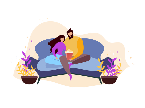 Couple at Home Resting on Couch Watching Movie and Eating Popcorn  Illustration