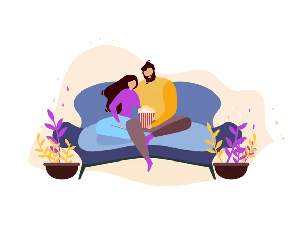 Couple at Home Resting on Couch Watching Movie and Eating Popcorn  Illustration