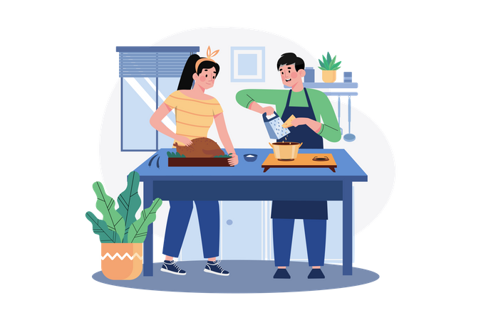 Couple cooking chicken dish together in kitchen  イラスト