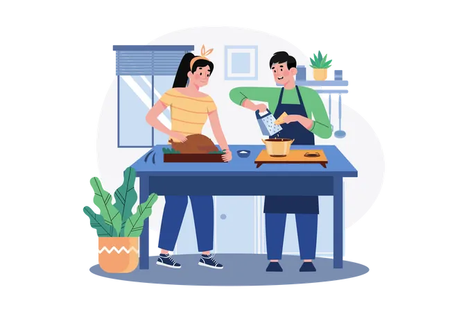 Couple cooking chicken dish together in kitchen  イラスト