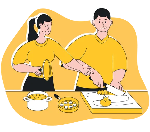 Couple cooking together  イラスト