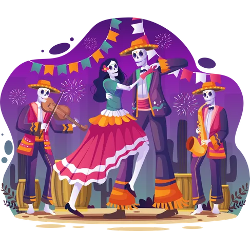 Couple dancing in Mexican Halloween Holiday Party  Illustration