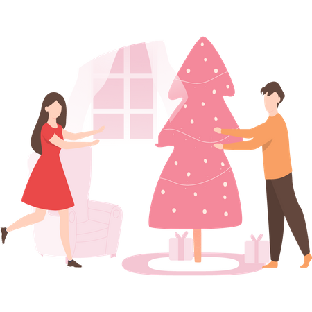 Couple décorant le sapin de Noël  Illustration