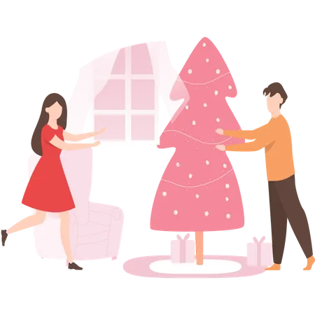 Couple décorant le sapin de Noël  Illustration