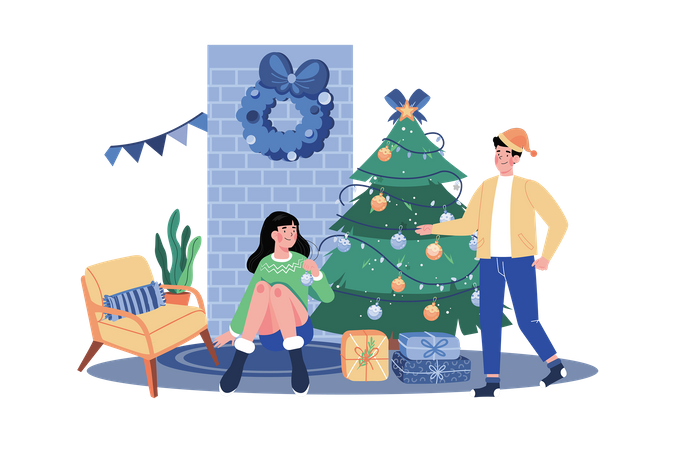 Un couple décore le sapin de Noël ensemble  Illustration